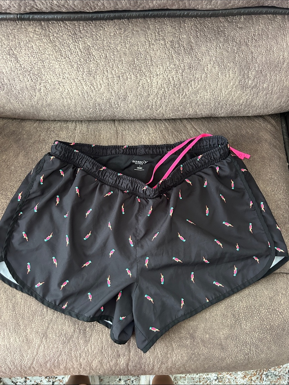 Old Navy Black Shorts with Pink Drawstring and Parrot Print